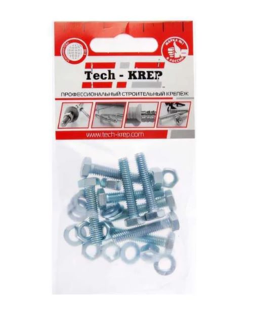 Болт DIN933 с шестигранной головкой М6х25+гайка+шайба оцинк. (уп.8шт) Tech-KREP 112718