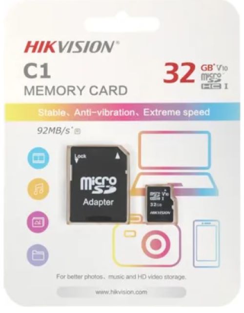 Карта памяти microSDHC UHS-I U1 Hikvision 32 ГБ, 92 МБ/с, Class 10, HS-TF-C1(STD)/32G/Adapter, 1 шт.