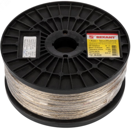 Трос стальной в ПВХ оплетке d=3,0 мм, прозрачный (200м)(09-5330)